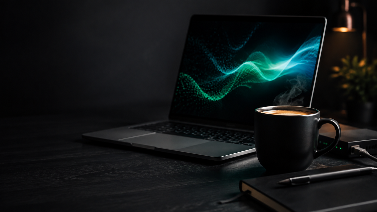 Mesa com café e notebook em ambiente tecnológico